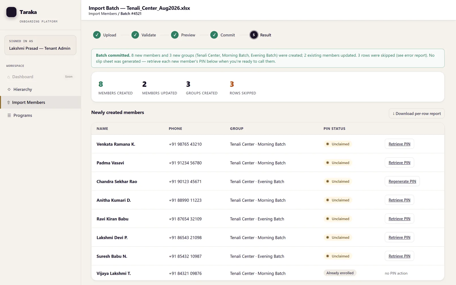 Tāraka import result showing members created and PINs waiting to be retrieved.