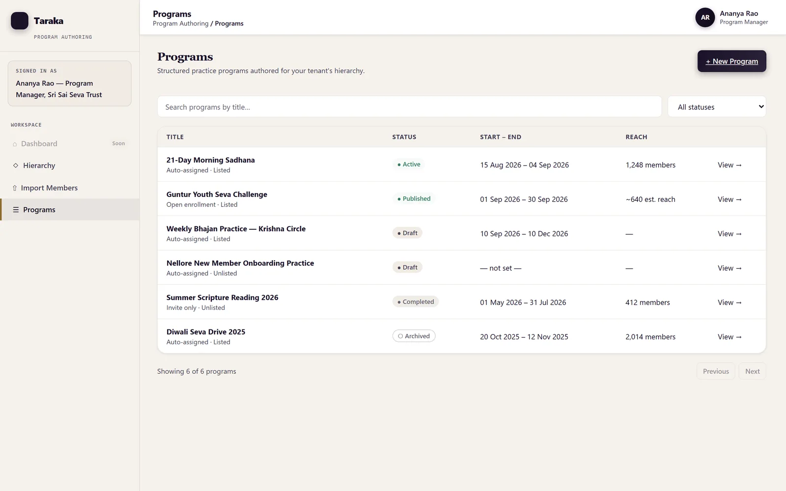 Tāraka programs list with active, published, draft and archived practice programs.